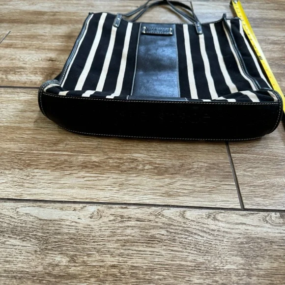 Kate Spade Griffen Tote Black Cream Stripe Cloth Leather Shoulder Bag - Picture 6 of 15